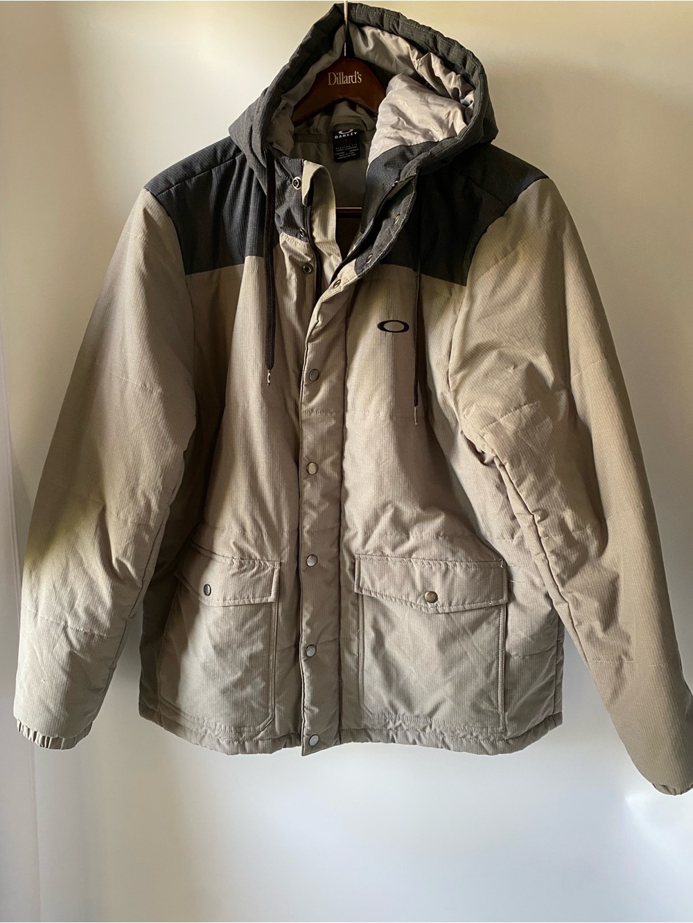 Oakley Men’s Hooded Puffer Jacket Beige Black Insulated Coat Large